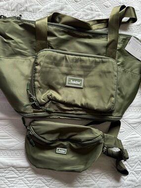 Foldie Olive Green Travel Tote and Waist Bag Set; 40L. See mesurements pics RFID